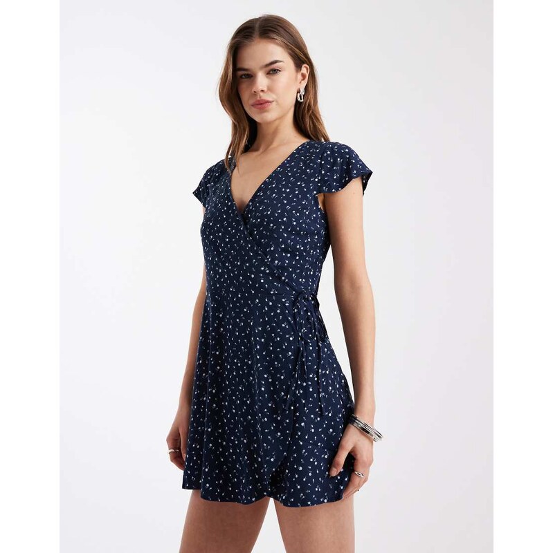 Hollister short sleeve wrap mini dress in navy