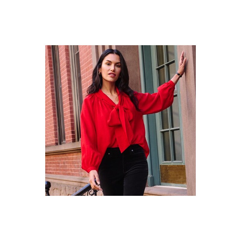 Bow Neck Blouse, Women, size: L, regular, Red, Polyester/Viscose