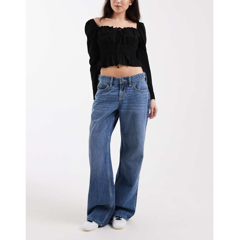 Hollister low rise baggy jeans with adjustable waist in mid blue wash 113268796