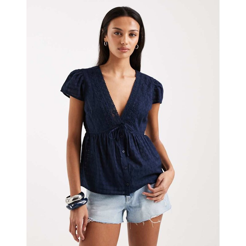 Hollister embroidered boho babydoll top in navy 113268800