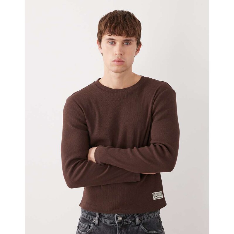 COLLUSION long sleeve fitted rib top in brown