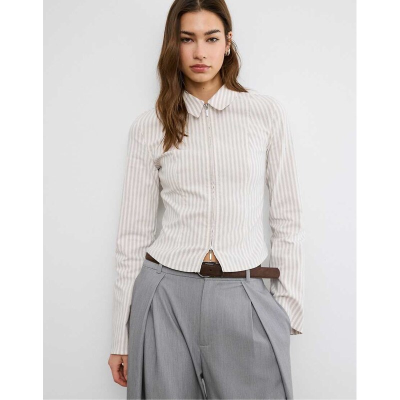Stradivarius Fitted bengaline shirt with double zip in stone-White 113268867