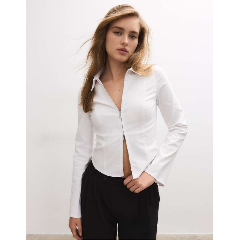 Stradivarius Fitted double zip bengaline shirt in white 113268882