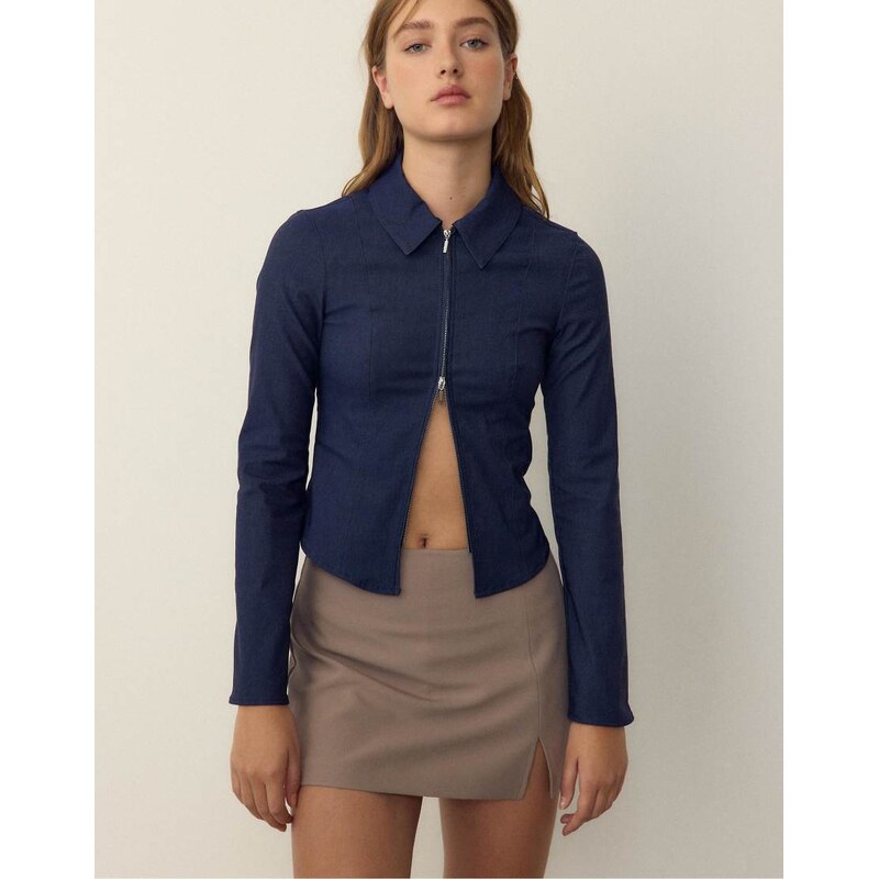 Stradivarius Fitted double zip bengaline denim shirt in overdyed blue 113268890