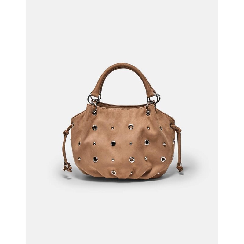 Stradivarius Round crossbody bag with eyelet detail in caramel-Brown 113268907