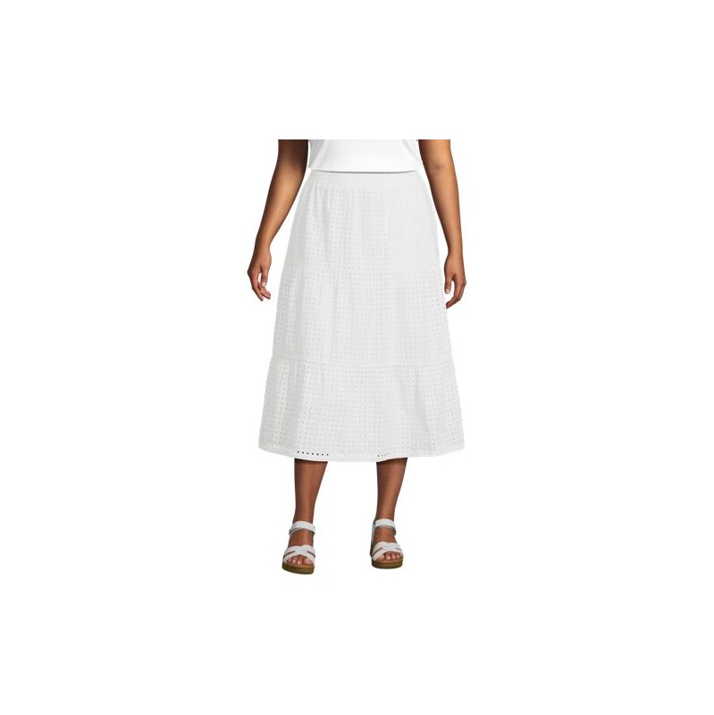 Broderie Tiered Midi Skirt, Women, size: 20-22, plus, White, Cotton, 113321563