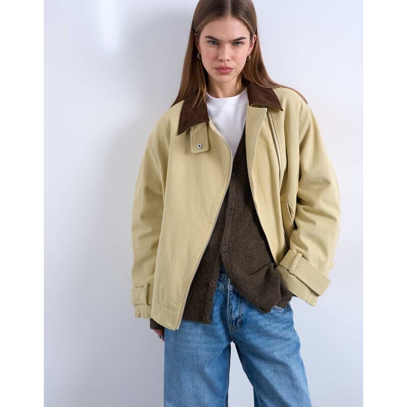 Topshop washed zip front jacket with contrast cord collar in