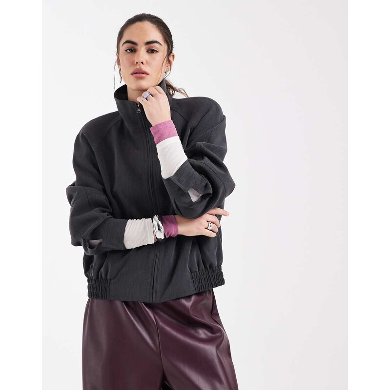 ASOS DESIGN power shoulder tailored bomber jacket in charcoal