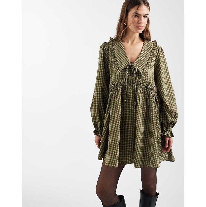 Daisy Street long sleeve mini smock dress with ruffles in khaki brown 114688043