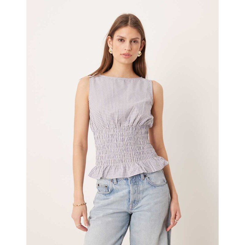 Glamorous shirred waist top with ruffle hem in blue check-Multi