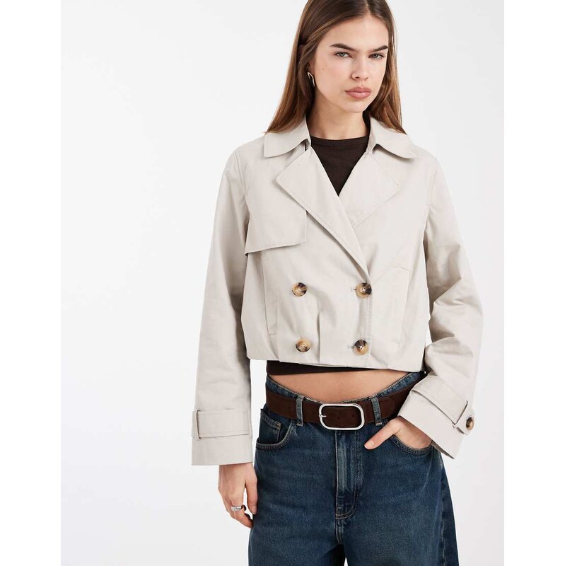 New Look cropped trench jacket in stone-Neutral
