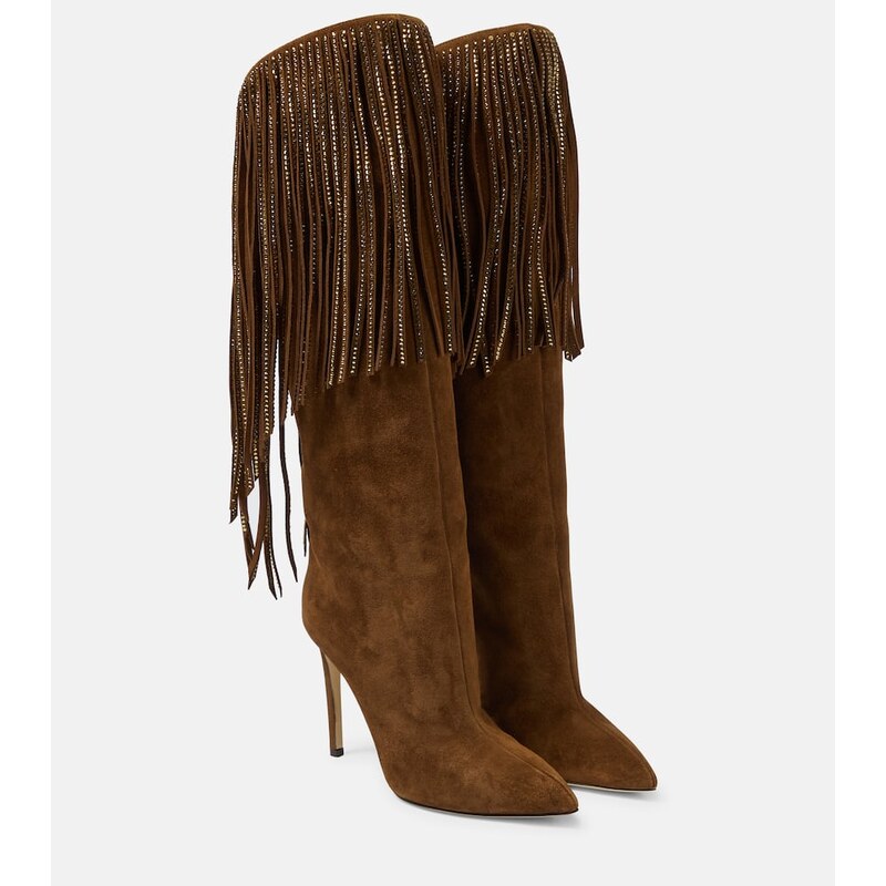 Paris Texas Fringed embellished suede knee-high boots
