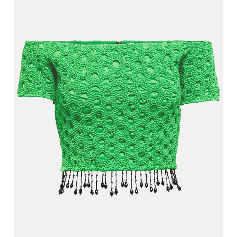 Ganni Smocked off-shoulder satin top