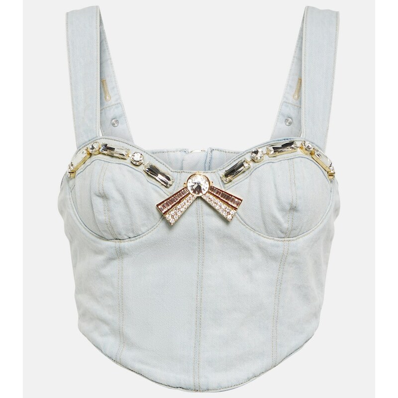 Area Crystal-embellished denim crop top