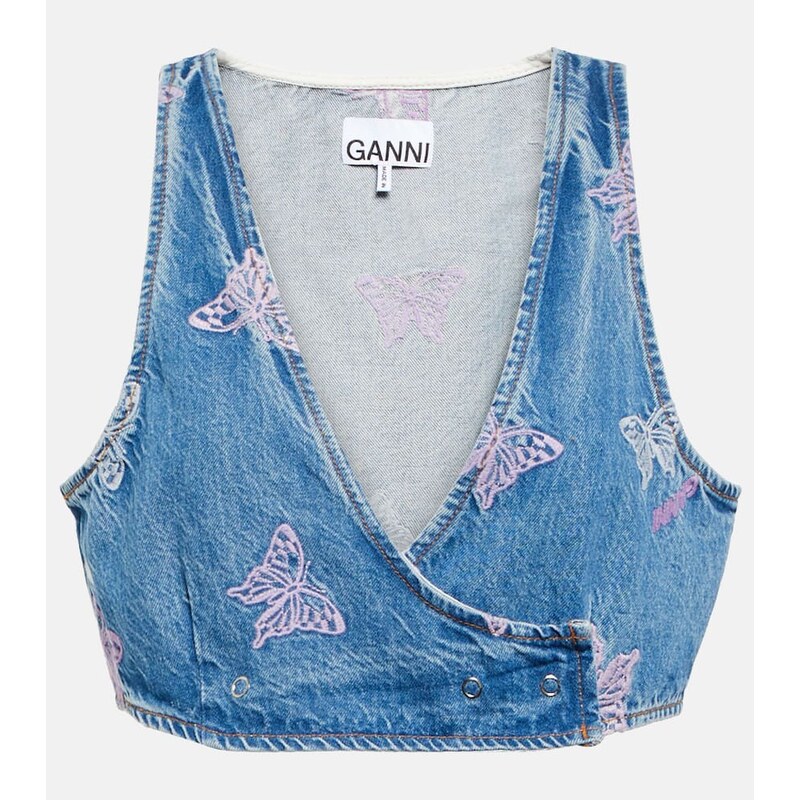 Ganni Embroidered denim crop top