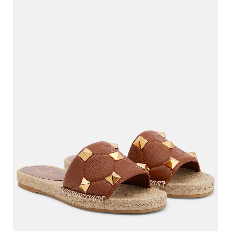 Valentino Garavani Roman Stud leather and raffia slides