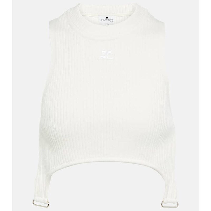 Courrèges Ribbed-knit cropped top with suspenders