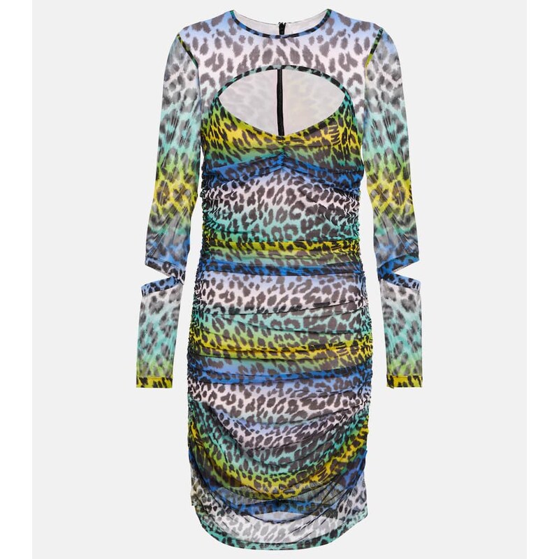 Ganni Leopard-print mesh cutout minidress