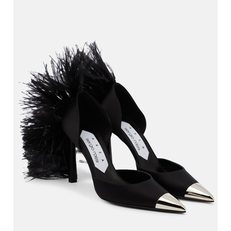 Area x Sergio Rossi Amazona feather-trimmed denim pumps