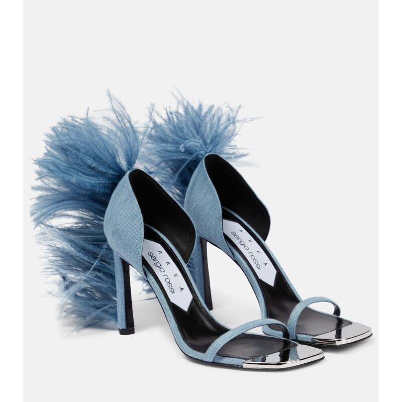 Area x Sergio Rossi Amazona feather-trimmed denim sandals