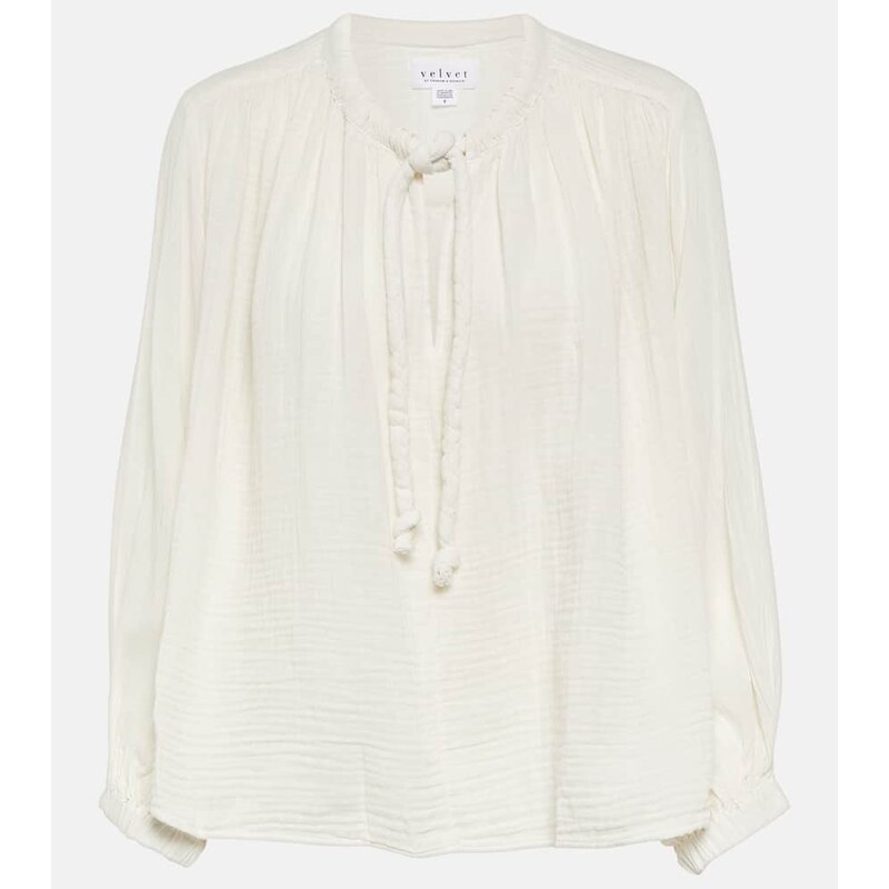 Velvet Tie-neck cotton blouse top