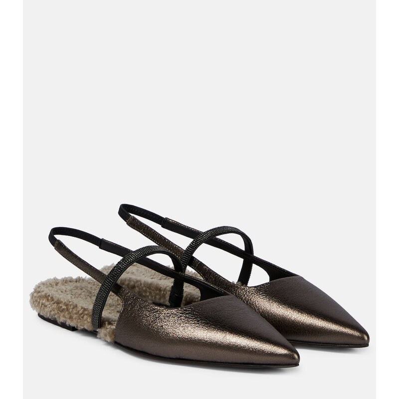 Brunello Cucinelli Embellished leather slingback flats