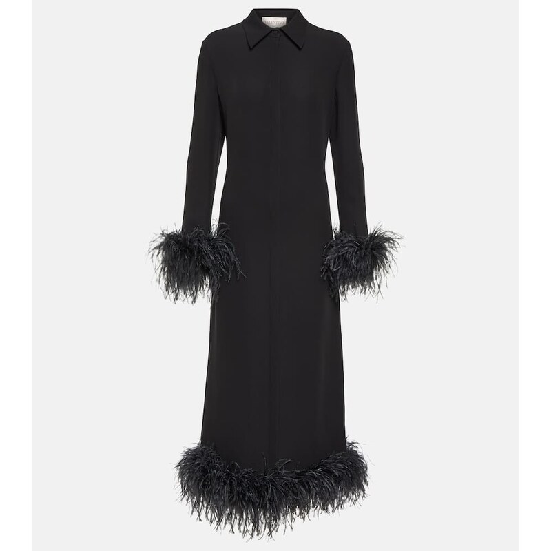 Valentino Feather-trimmed silk midi dress