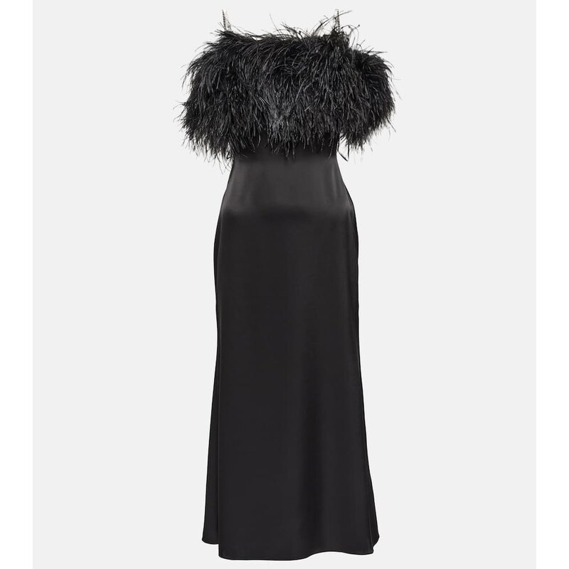 David Koma Feather-trimmed satin midi dress