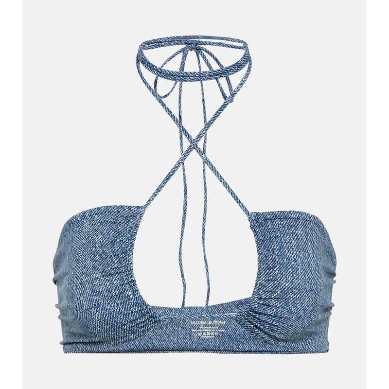 Magda Butrym Denim-printed halterneck bikini top