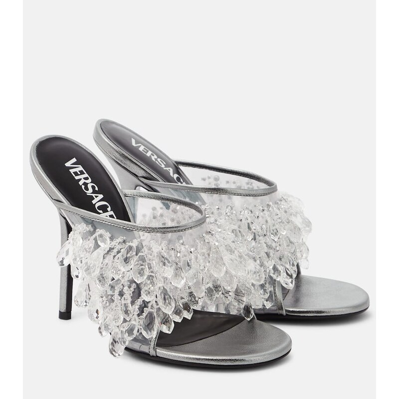 Dámské pantofle Versace Embellished PVC mules v tmavě stříbrné barvě