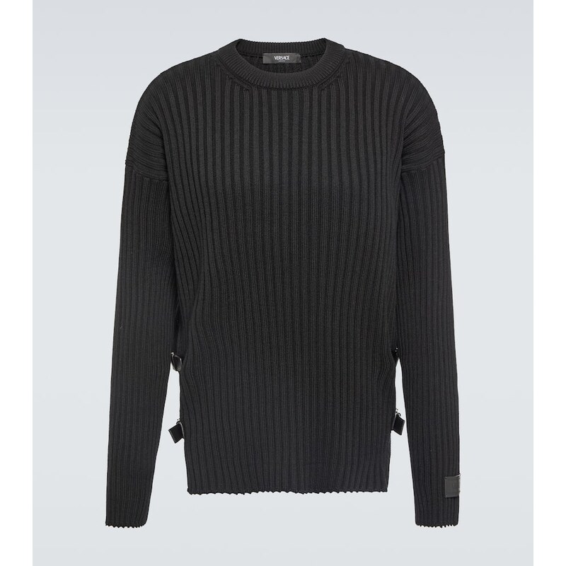 Versace Leather-trimmed knit wool sweater
