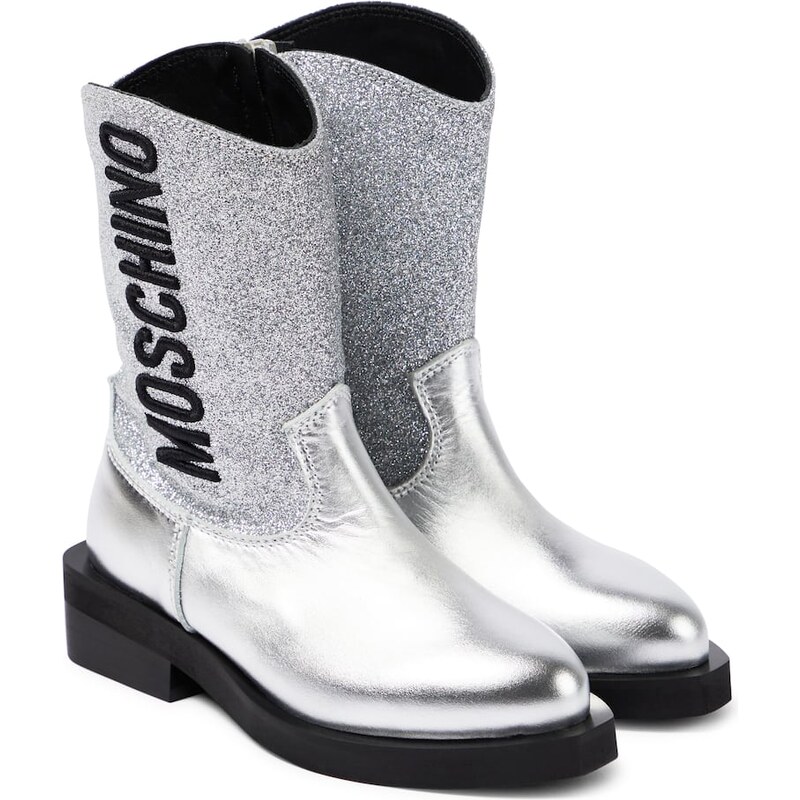 Moschino Kids Logo glitter leather cowboy boots