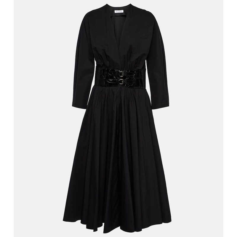 Alaïa Leather-trimmed cotton midi dress