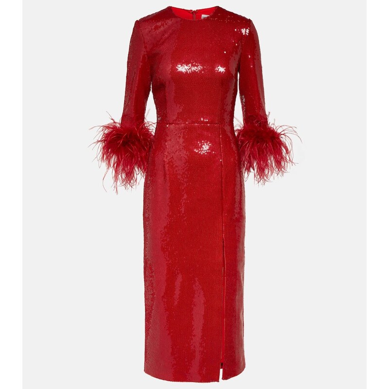 Rebecca Vallance Nika feather-trimmed sequined midi dress