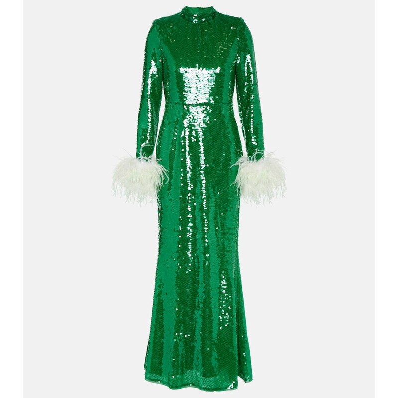Self-Portrait Sequined feather-trimmed gown