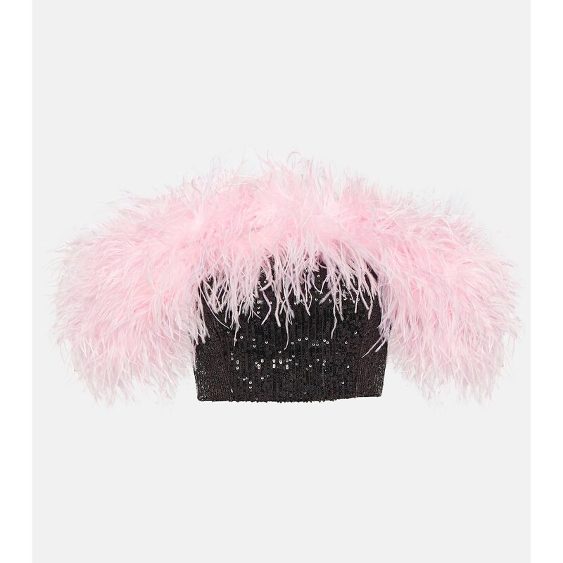 Self-Portrait Feather-trimmed sequined crop top
