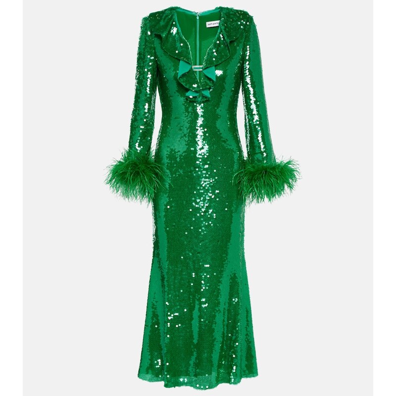 Self-Portrait Feather-trimmed sequined midi dress