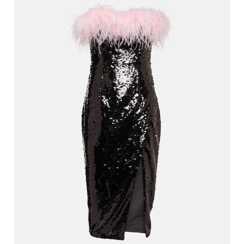 Self-Portrait Feather-trimmed sequined midi dress