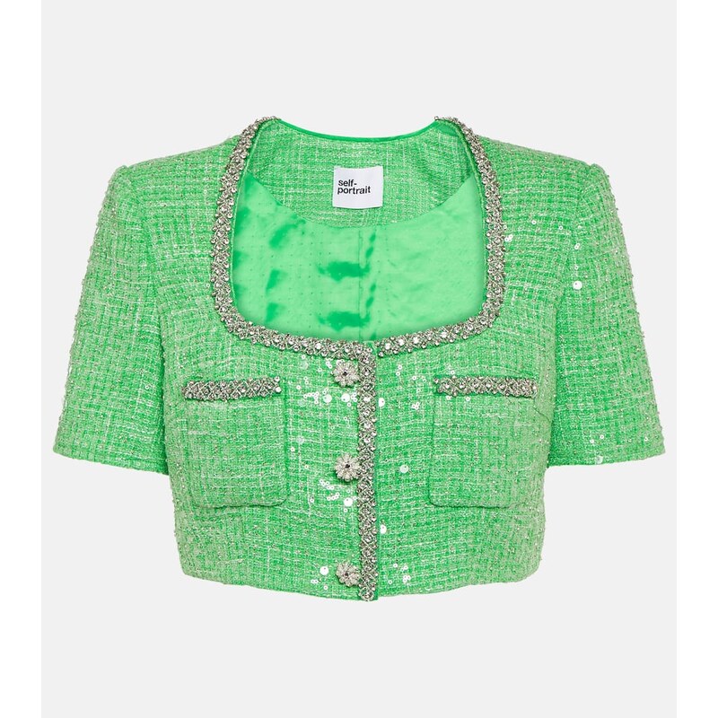 Self-Portrait Sequined embellished bouclÃ crop top