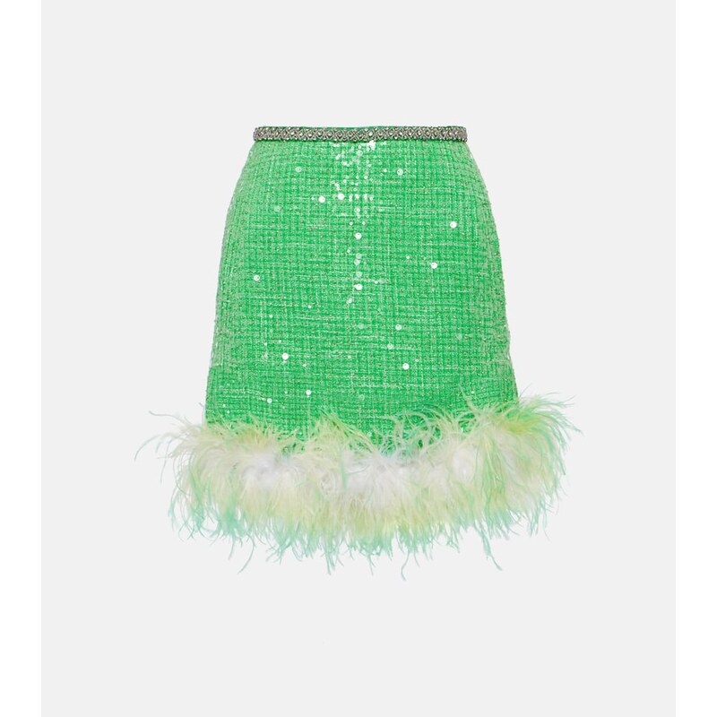 Self-Portrait Feather-trimmed sequined bouclÃ miniskirt