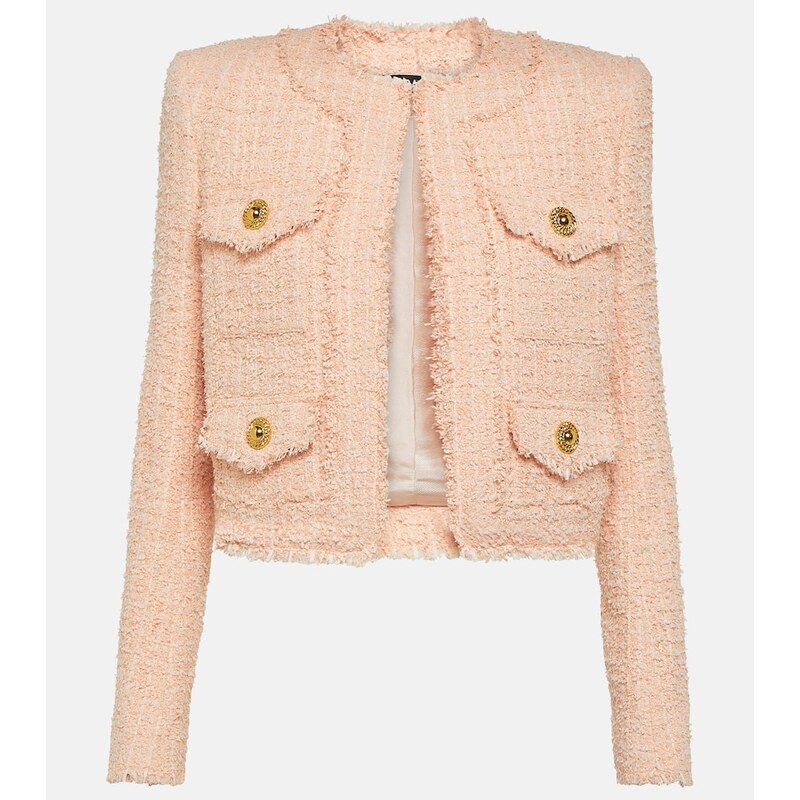 Balmain Cropped tweed jacket v barvě Nude Rose
