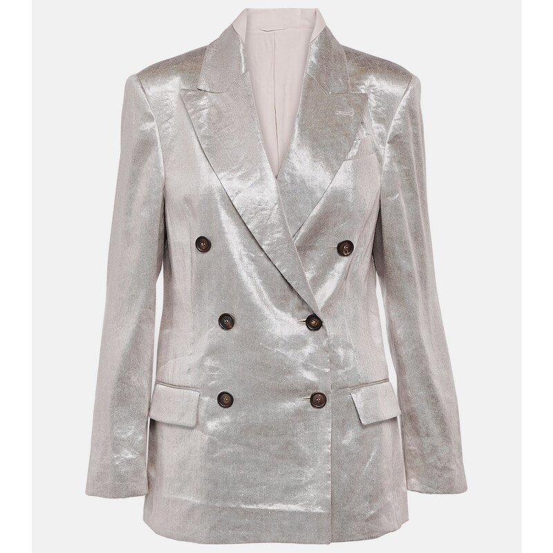 Brunello Cucinelli Double-breasted metallic linen-blend blazer
