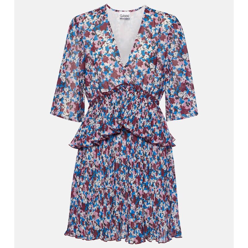 Ganni Floral pleated georgette minidress
