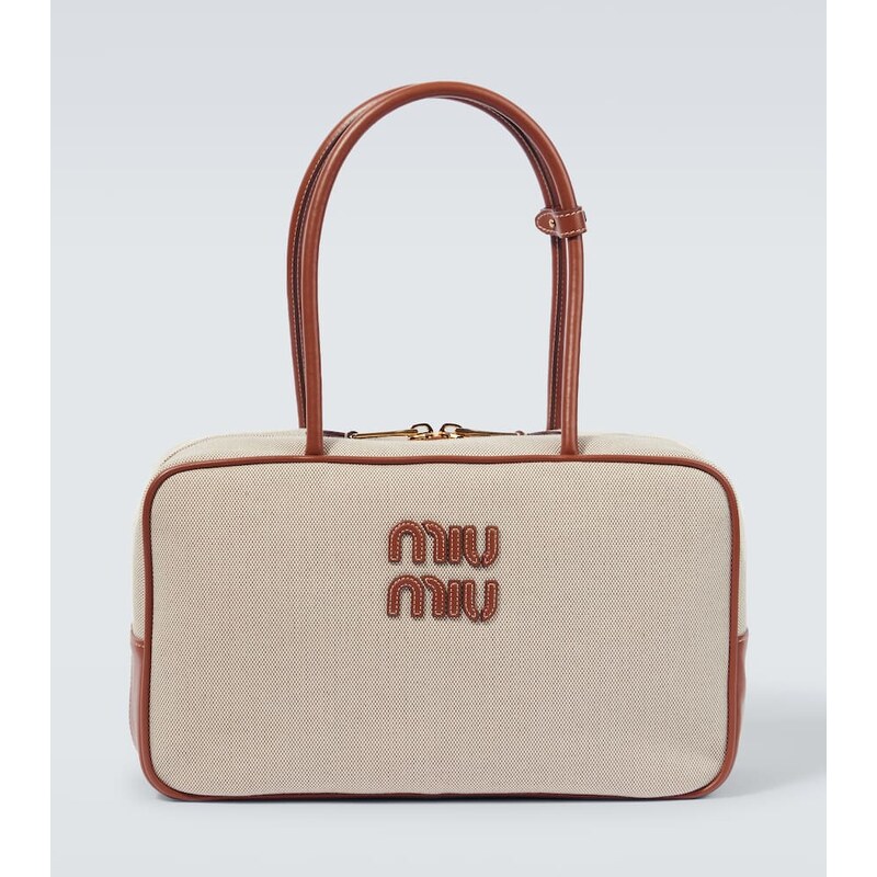 Miu Miu Logo leather-trimmed canvas tote bag