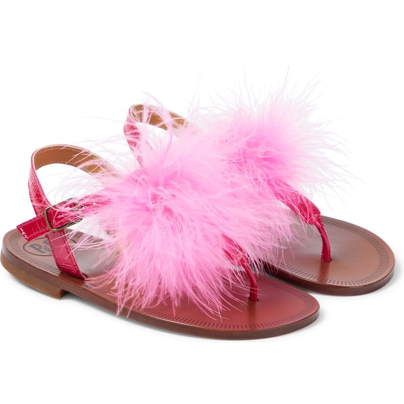 PèPè Vernice feather-trimmed leather sandals