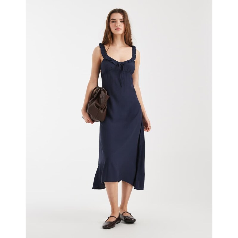 Cotton On layla frill midi dress in winter night navy blue