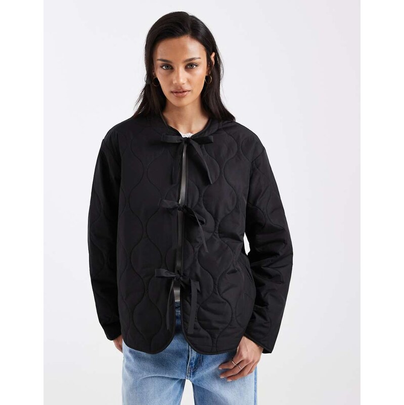 ONLY lightweight tie front quilted jacket in black