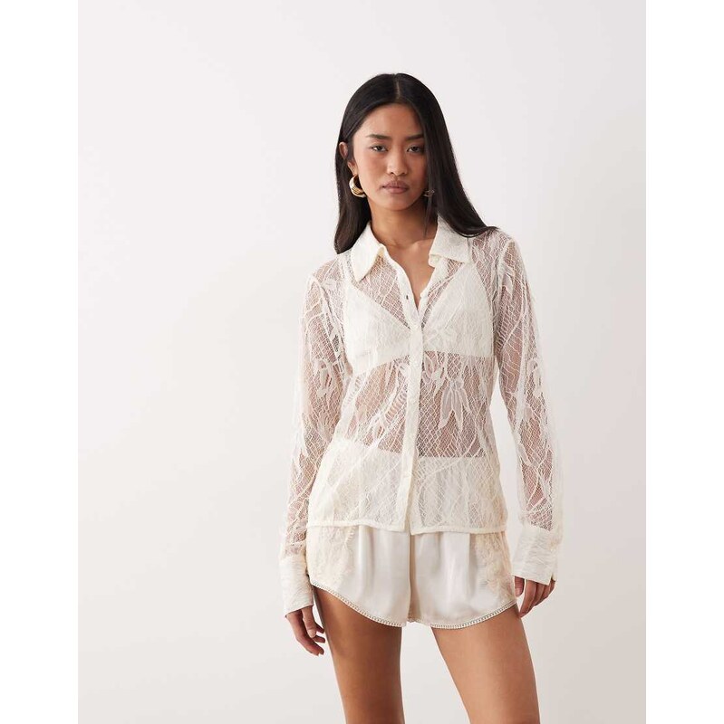 AWARE long sleeve sheer lace shirt in white 115590251