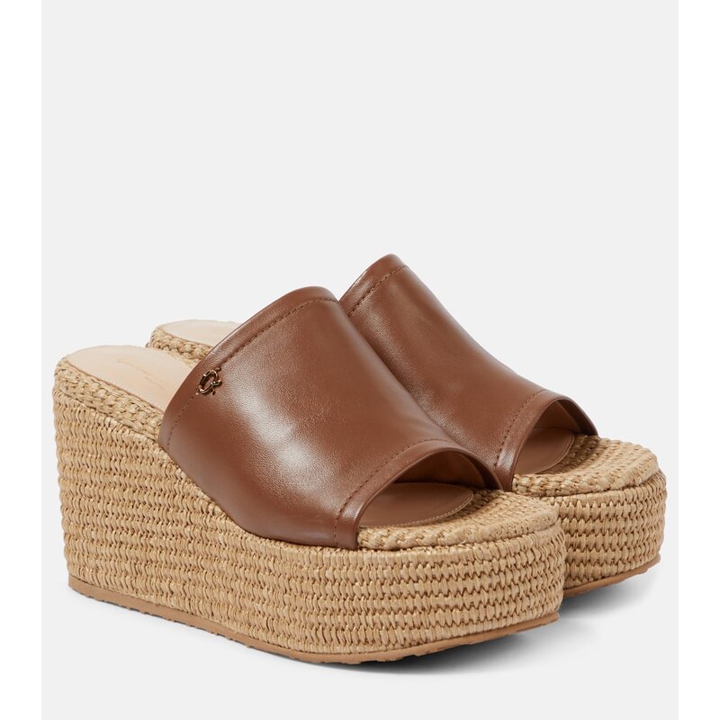 Gianvito Rossi Leather and raffia wedge mules