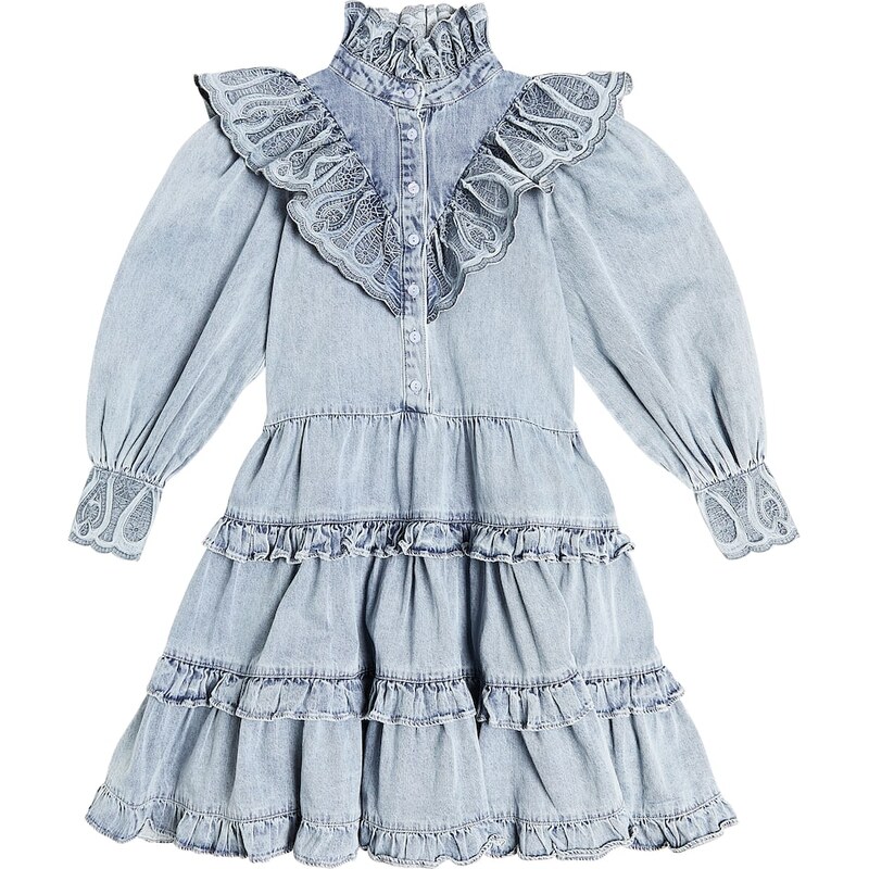 Petite Amalie Ruffled embroidered chambray dress